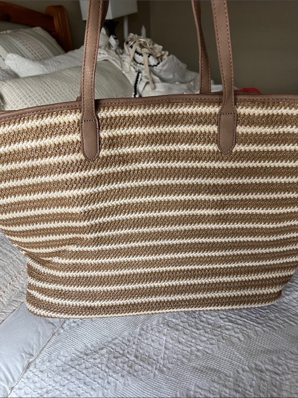 Urban Expressions Striped Straw Beach Tote Bag – Tan & White - Picture 2 of 6